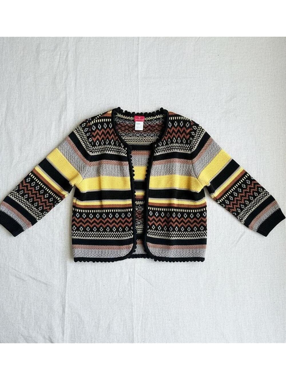 Together Boho Cardigan Size 10 Black Yellow Striped Open Front Pom Pom Hem Twee